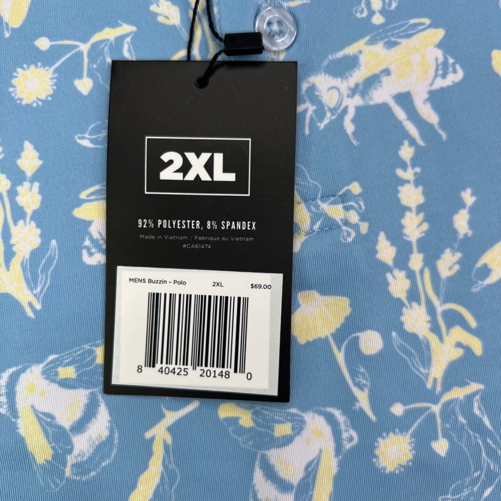 Waggle Buzzin Polo Shirt Mens 2XL Blue Yellow Bee Floral Performance Stretch - Picture 6 of 9